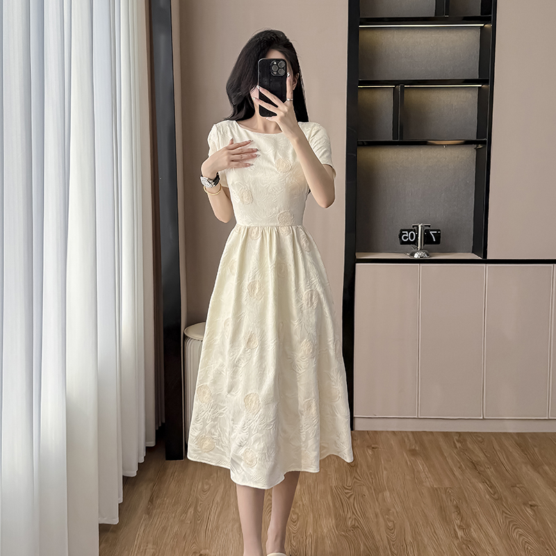 RY3052# 实拍新中式中国风连衣裙2025夏季新款重工提花温柔杏色裙子