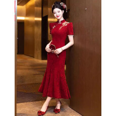 批发新中式喜庆红色改良旗袍鱼尾高端礼服秋季新娘婚礼可穿婚服敬酒服
