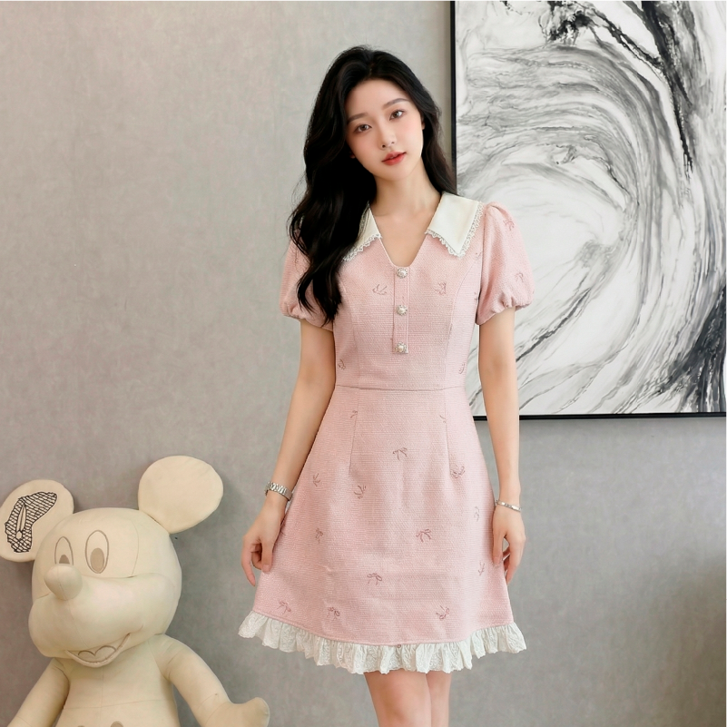 RY3050# 小香风粉色v领短袖连衣裙女夏季高级感蕾丝花边法式小个子甜美裙