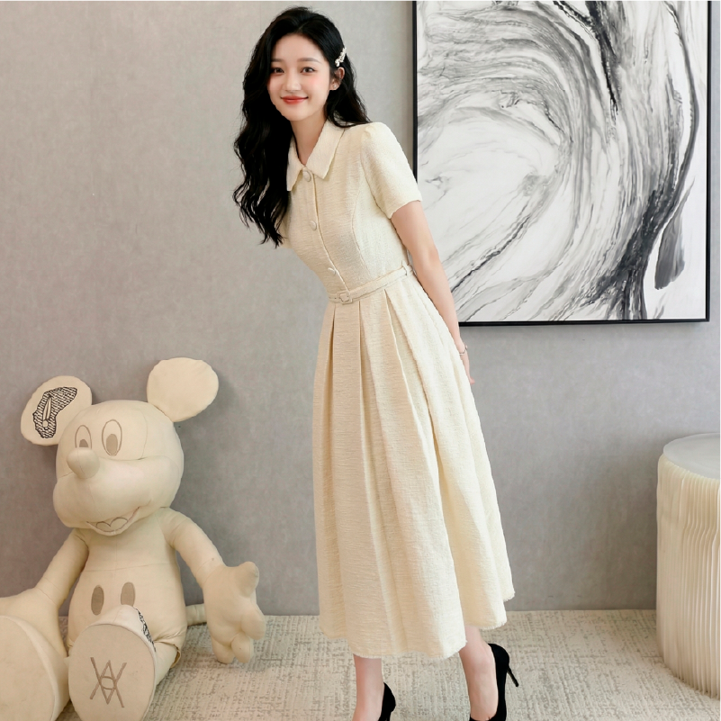 해변가 휴일 프랑스식 레트로 폴로 칼라 허리 수축 여성 드레스 여름 부드러운 바람 품격 롱 스커트