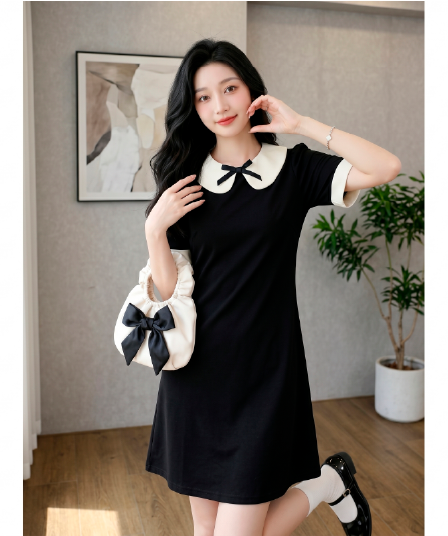 실사 프랑스식 베이비 칼라 드레스 여름 순수한 달콤함 얇은 스타일 품격 허리 수축 슬림해 보이는 반팔 A라인 스커트