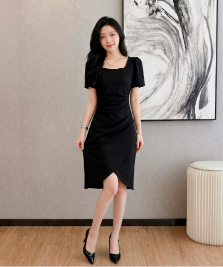 실사 여름 새로운 프랑스식 광장 칼라 드레스 몸매 가꾸기 트임 중간 길이 작은 검은 드레스 허리 수축 여성