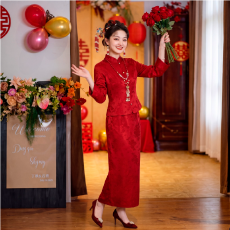 批发新中式红色旗袍新娘敬酒服国庆半身裙包臀裙长袖套装