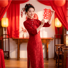 批发红色旗袍敬酒服2026新款长袖高贵气质结婚当天新娘便装订婚礼服裙