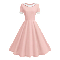 批发跨境外贸复古赫本风欧美夏季新款短袖翻圆领纯色休闲大摆<b class='q'>连衣裙</b>