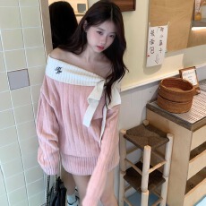 批发纯欲辣妹<b class='q'>蝴蝶结</b>一字肩针织<b class='q'>连衣裙</b>女秋冬气质收腰显瘦性感包臀短裙