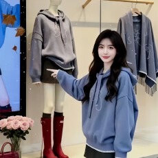 批发搭配一整套2025韩系穿搭慵懒风百搭加厚连帽针织上衣短裙两件套潮