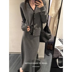 批发黑豆哼哼 挚爱高知*撞色设计毛衣开衫针织半身裙女春秋两件套装