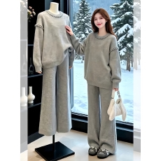 批发慵懒风灰色针织套装女新款韩系松弛高级感加厚毛衣阔腿裤两件套潮