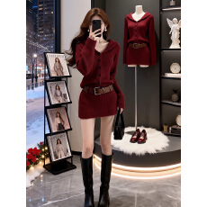 批发法式红色连帽针织衫<b class='q'>连衣裙</b>子女高级感收腰气质毛衣包臀短裙秋冬季