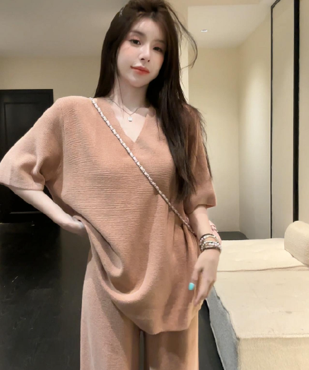 huihui 새로운 느긋한 와이드 레그 팬츠 세트 작은 대중 루즈핏 캐주얼 바람 반팔 한 부서 세트