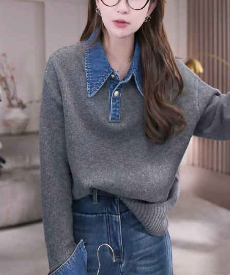 데님 패치워크 페이크 레이어드 스웨터 여자 유럽 역 가을 겨울 2026 새로운 루즈핏 폴로 칼라 패션 다용도 맨위 트렌디