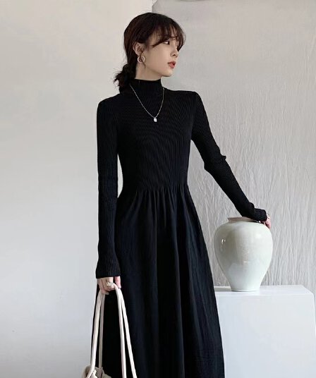 경기 코트 ~ 중 기본 스커트 여성 가을 겨울 반하이넥 스웨터 치마 품격 인사이드 가져 가라. 무릎 아래 롱 스커트 니트 드레스