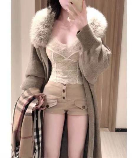 털 모피 칼라 재킷 롱 코트 바람막이 가을 겨울철 니트 오픈 가디건 스웨터 여성 의류 두꺼운 코트 루즈핏 패션 한국 스타일