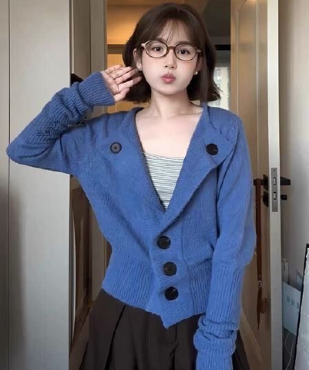 한 부서 파란색 니트 카디건 코트 여성 의류 조기 가을 작은 키 루즈핏 캐주얼 느긋한 품격 허리 수축 맨위