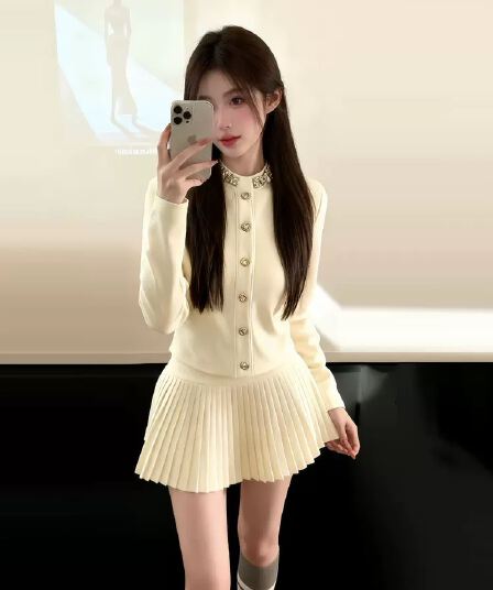 한 부서 고급 센스 작은 샤넬 스타일 품격 니트 오픈 가디건 여성 2025 가을 품격 명문 여성 반신 스커트 투피스 슈트