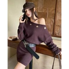 批发连衣裙女2026<b class='q'>春</b>季设计感小众辣妹风一字领收腰显瘦包臀短裙配腰带