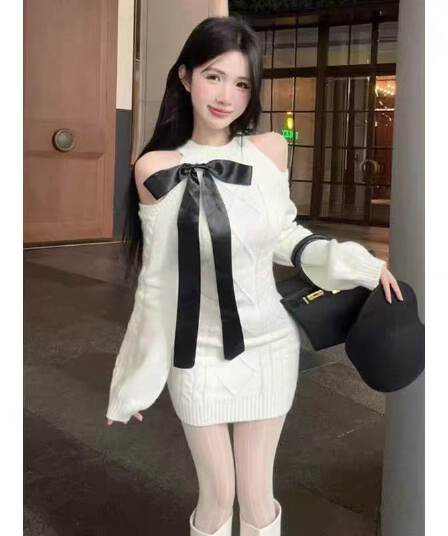 고대 조기 센스 긴팔 레트로 타이트 스커트 오프숄더 스웨터 가을 겨울 벌룬 소매 천 골드 센스 허리 수축 니트 여성 드레스