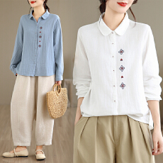 批发实拍2026春装新款文艺百搭纯棉刺绣双层纱长袖衬衫<b class='q'>上衣</b>