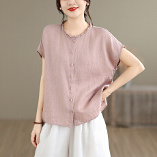 批发实拍2026夏季新款文艺百搭木耳边领口短袖衬衫<b class='q'>上衣</b>女