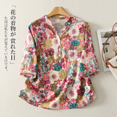 批发实拍2026夏季新款棉麻印花五分袖百搭妈妈装<b class='q'>短袖</b><b class='q'>T</b><b class='q'>恤</b>上衣小衫