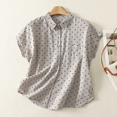 批发实拍2026夏季新款棉麻印花<b class='q'>波点</b>百搭文艺风上衣短袖<b class='q'>衬衫</b>女