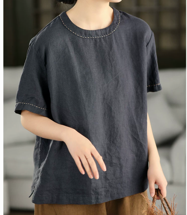 비 실사 2026 여름 새로운 면 린넨 켜기 옷 걸이 선 라운드 넥 풀오버 셔츠 여름 반팔 티셔츠 슬림해 보이는 마 셔츠