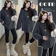 批发实拍新款！高品质韩国绒秋冬孕妇大版加厚百搭条纹T恤冬季加厚