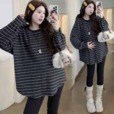 批发实拍新款！高品质韩国绒秋冬孕妇大版加厚百搭条纹T恤冬季加厚