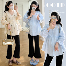 批发实拍现现2026春季新品孕妇<b class='q'>百搭</b>外穿时尚刺绣衬衫+<b class='q'>百搭</b>显瘦微喇裤