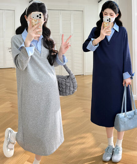 실사 지금 지금 2026 봄 신제품 임산부 다용도 외출용 패션 패치워크 슬림해 보이는 페이크 레이어드 드레스