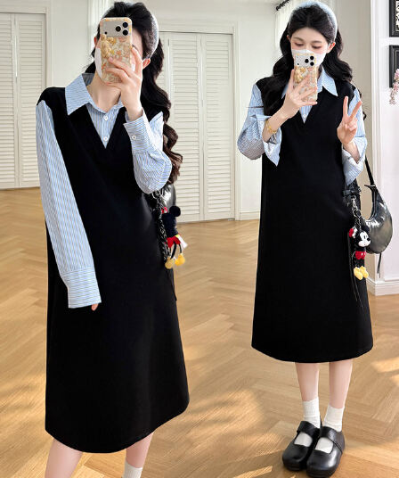 실사 지금 지금 2026 봄 신제품 임산부 다용도 외출용 패션 패치워크 슬림해 보이는 페이크 레이어드 드레스