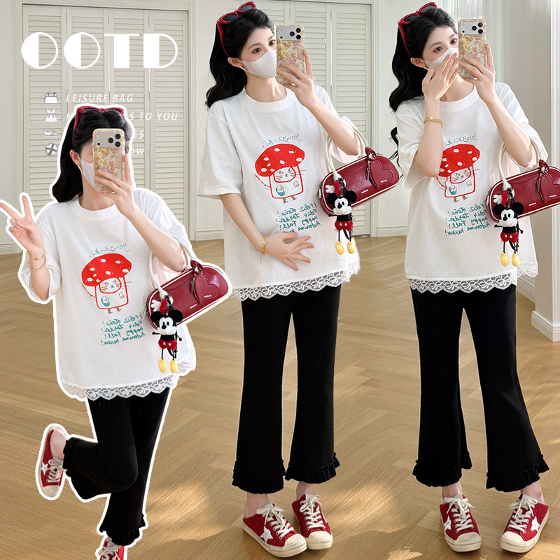 실사 지금 임산부 봄 여름 외출용 디자인 센스 루즈핏 다용도 연령 감소 티셔츠 펌프 로프 슬림해 보이는 바지 세트