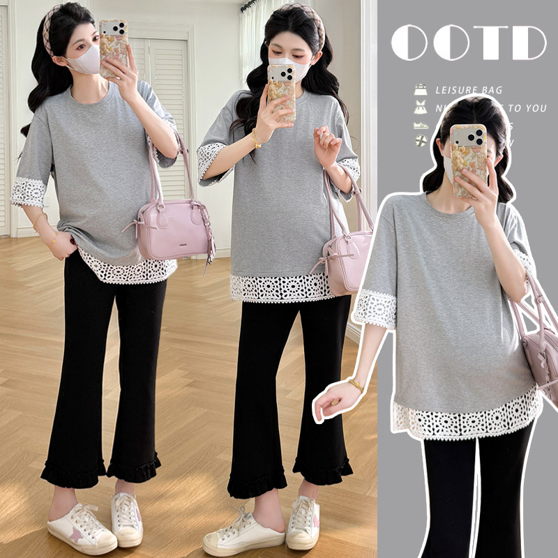 실사 지금 임산부 봄 여름 외출용 디자인 센스 루즈핏 다용도 연령 감소 티셔츠 펌프 로프 슬림해 보이는 바지 세트