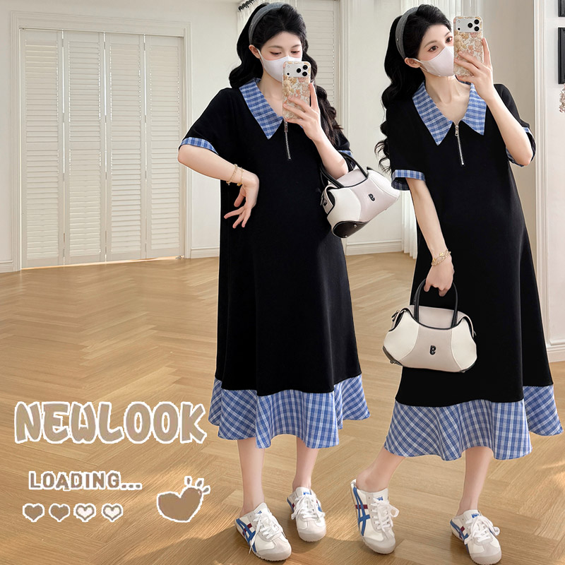 실사 신제품 출산 착용 여름 슬림해 보이는 디자인 센스 패치워크 페이크 레이어드 polo 빅 사이즈 드레스