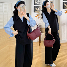 批发实拍现 孕妇秋季外穿拼接假两件上衣+抽绳显瘦裤子<b class='q'>大码</b>孕妇套装