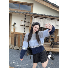 批发实拍~ 针织毛衣开衫外套女2025早秋新款撞色宽松慵懒风毛衣