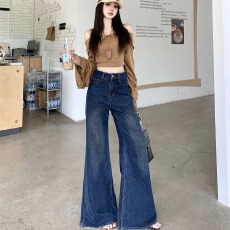 批发<b class='q'>实拍</b>~抓绒复古蓝高腰阔腿牛仔<b class='q'>裤</b>女冬宽松百搭休闲直筒拖地<b class='q'>裤</b>