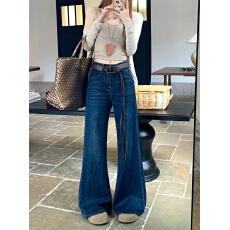 批发实拍~春季 复古直筒微喇<b class='q'>牛仔裤</b>女高腰宽松显瘦拖地喇叭裤