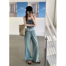 批发实拍~蕾丝拼接假两件<b class='q'>牛仔裤</b>女春季<b class='q'>浅色</b>水洗阔腿裤宽松拖地裤