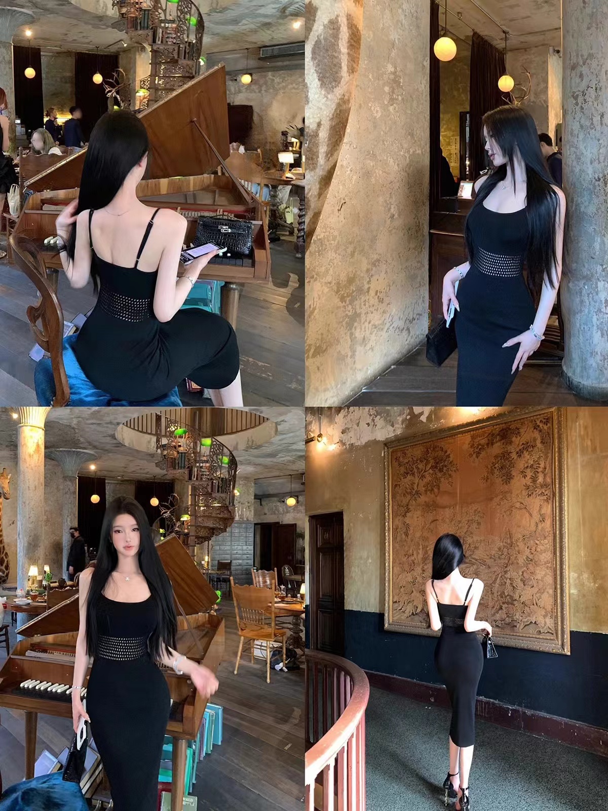 Human World Yatiao Pure Color Hollow Waistband Strap Dress Slimming Knitted Vest Long Dress 