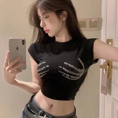 批发美式高街烫钻短袖t恤女<b class='q'>夏</b>季2026新款潮牌百搭正肩短款上衣