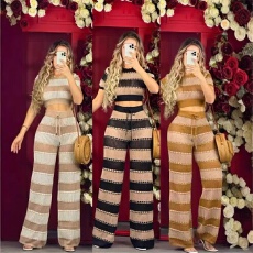 批发夏季新款休闲圆领撞色条纹短袖+系带阔腿裤