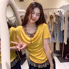 批发美式多巴胺穿搭<b class='q'>假两件</b>短袖t恤<b class='q'>上衣</b>女士2026新款爆款格纹拼接小衫