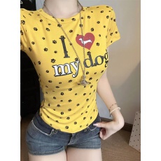批发<b class='q'>夏</b>季新款爱心狗爪碎花印短袖T恤修身字母印花显瘦百搭上衣