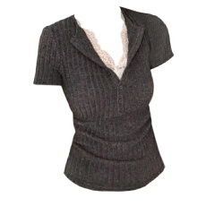 批发女装胖mm蕾丝拼接<b class='q'>假两件</b>短袖夏季新款修身显瘦v领<b class='q'>上衣</b>