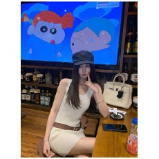 批发韩女日记 配腰带U领白色针织背心裙修身包臀无袖连衣裙