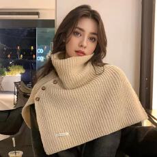 批发新款钮扣围脖女秋冬季韩版百搭套头保暖护颈脖套外搭开叉针织披肩