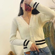 批发韩系小香风撞色条纹套装女蝴蝶结针织开衫吊带背心两件套