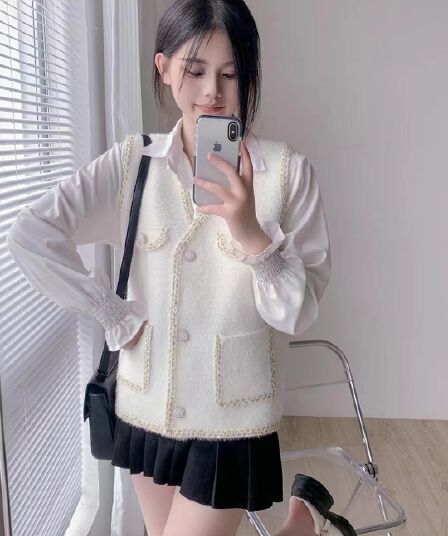 작은 샤넬 스타일 민소매 니트 오픈 가디건 모방 fall 털 베스트 여성 코트 가을 의상 조끼 광택 실 테두리 몸매 가꾸기 맨위 트렌디